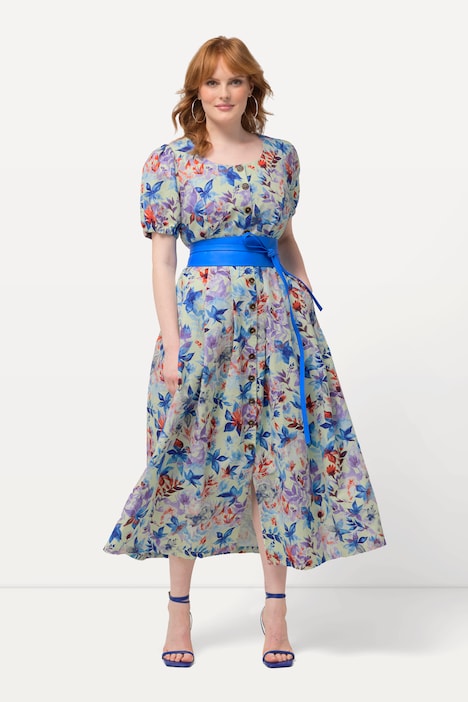 Midikleid, Blätter, Rundhals, Puff-Halbarm, Leinenmix