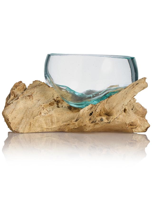 Teakholz mit Glasschale, ca. 16 cm