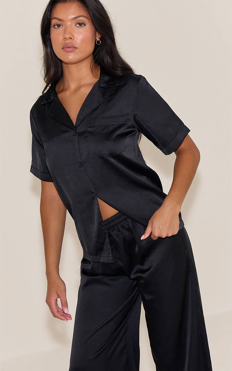 Noir Ensemble De Pyjama Long En Satin À Manches Longues