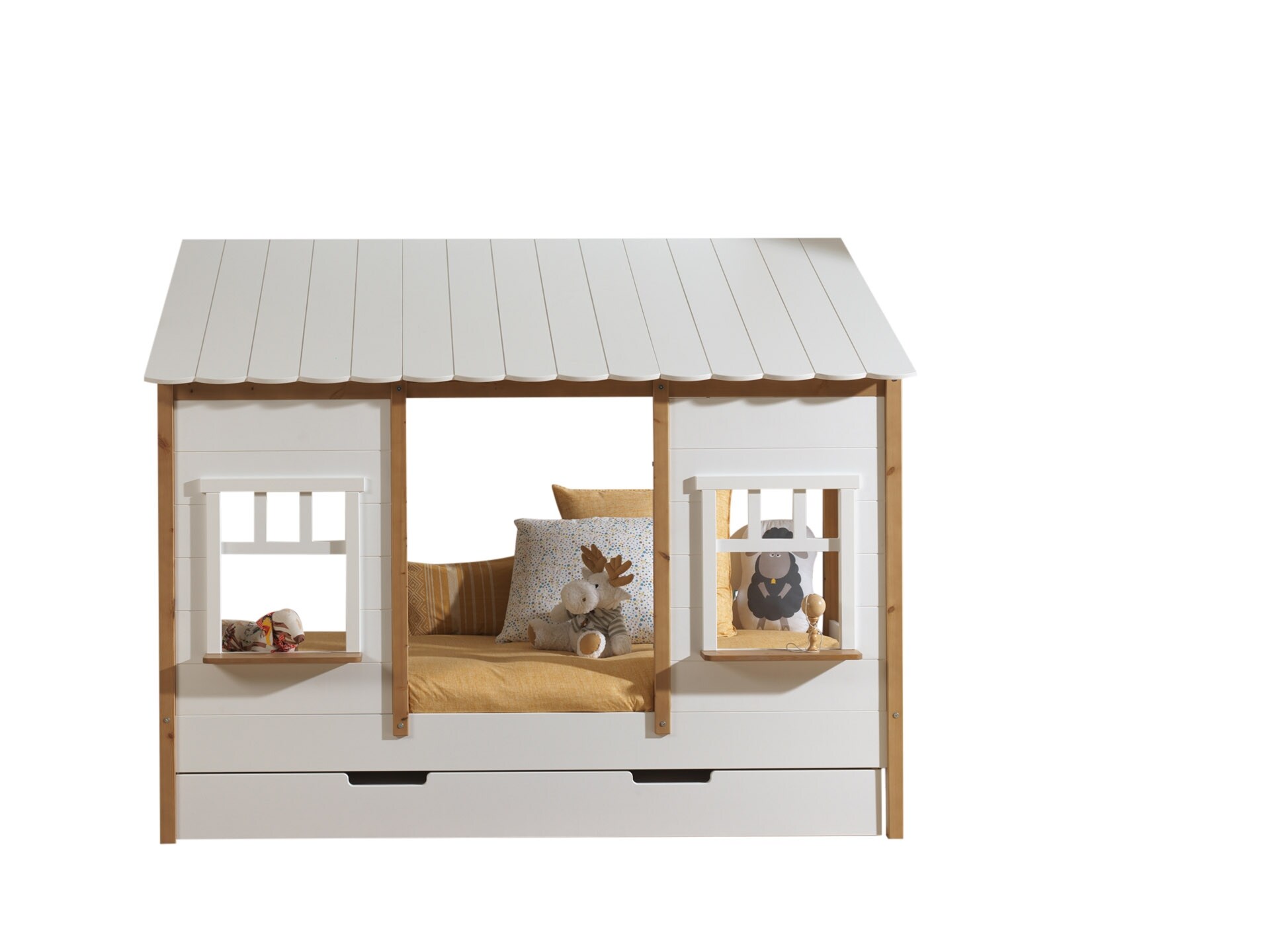 Landhausbett mit Dach, Liegefläche 90 x 200 cm, inkl. Lattenrost und Bettschublade, Ausf. teilmassiv Kiefer, Farbe Oak/Weiß