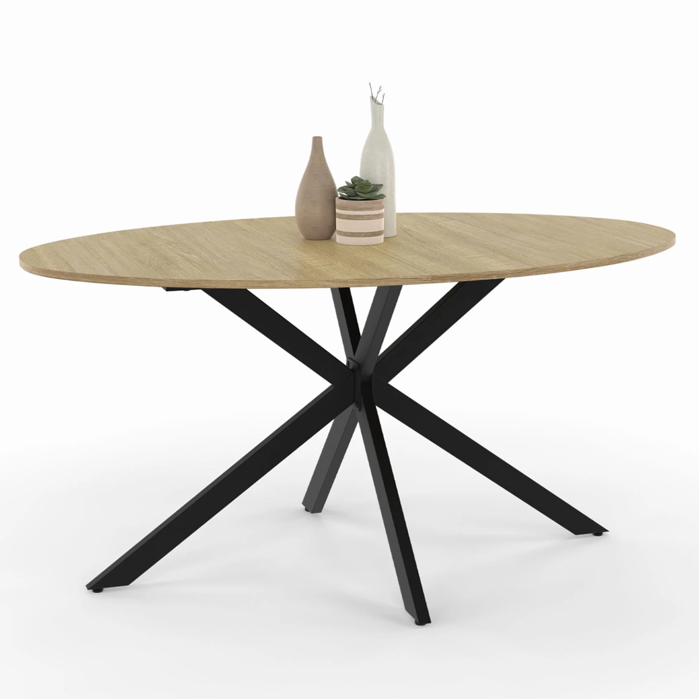 Table à manger ovale ALIX 8 personnes pied araignée bois et noir 150 cm