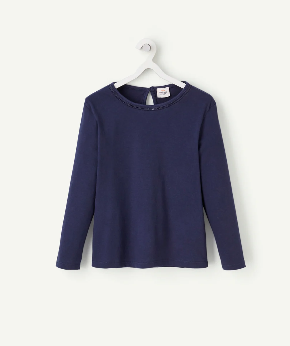 T-SHIRT FILLE EN COTON BIO BLEU MARINE AVEC DÉTAILS AJOURÉS