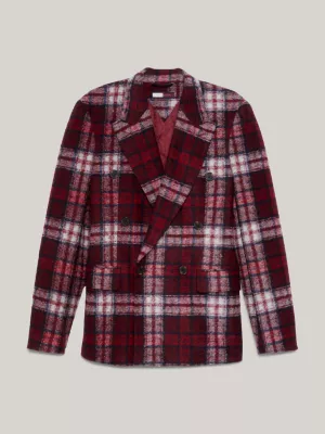 Blazer de corte reto com estampa xadrez tartan, unissex e abotoamento duplo.