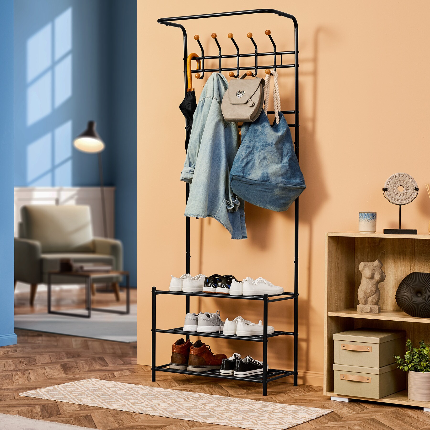 tectake® Garderobe, Stahl, 18 Haken auf 4 Höhen, 66 x 187 x 33 cm