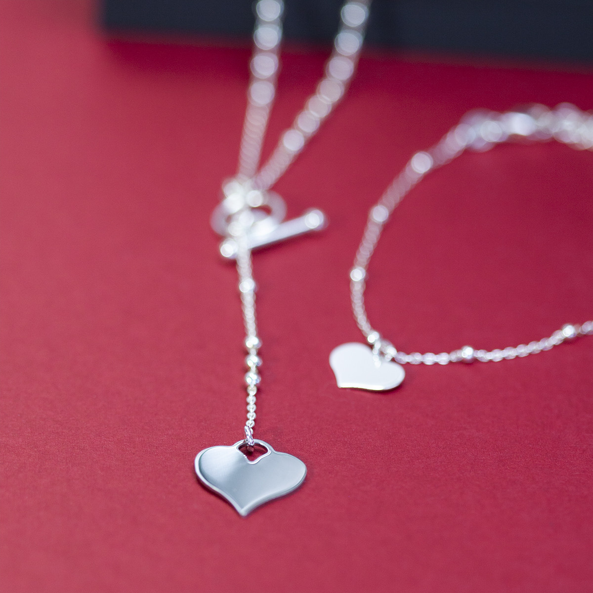 Collier argent 925 motif fermoir T/bar et pampille coeur 52 cm