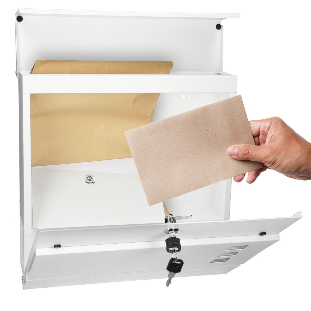ECD Germany witte brievenbus met krantenvak, slot en 2 sleutels, inclusief bevestigingsmateriaal, 37x10,5x36,5 cm, van staal, moderne design wandbrievenbus, brievenbus, brievenbus met krantenvak