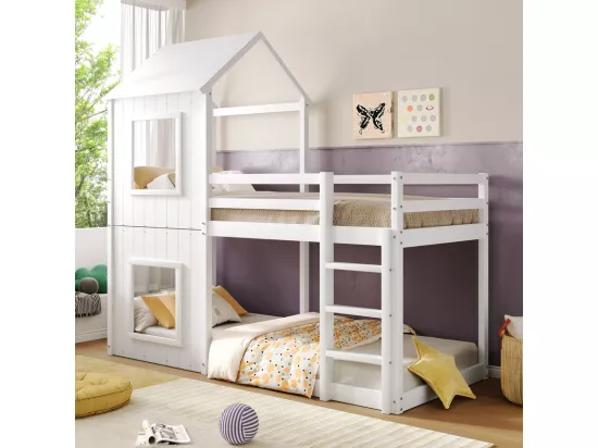 Lits superposés enfant 2 x 90 x 200 cm - avec échelle et garde-corps - charge max 120kg - Pin - Blanc