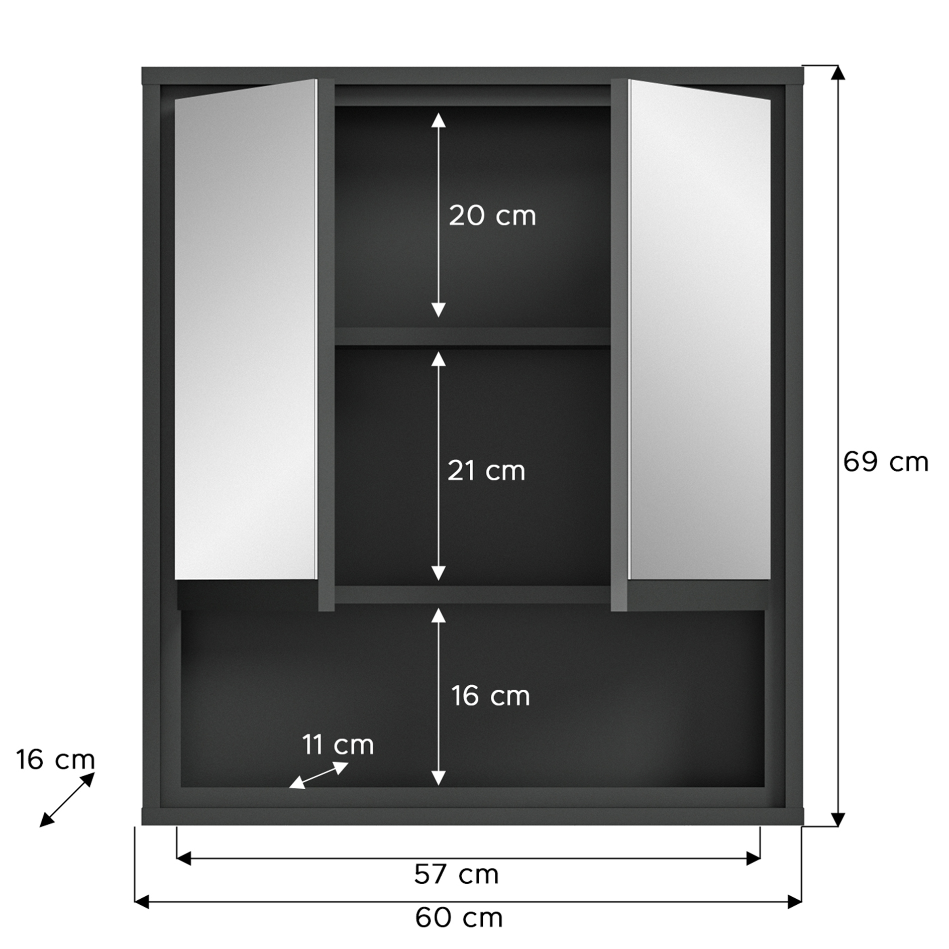 Spiegelschrank JARU - anthrazit - 60 cm breit