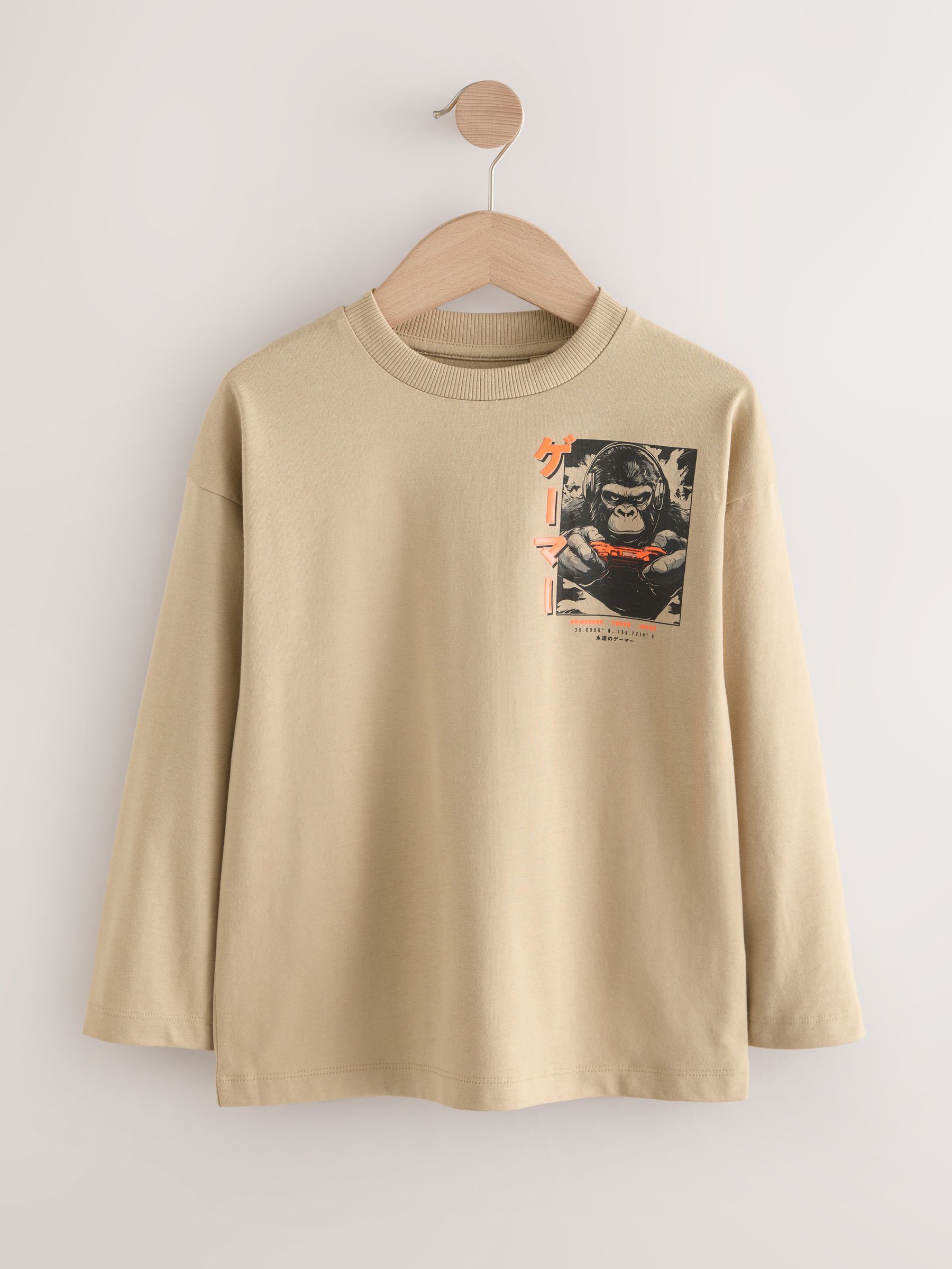 Kiezelkleurige Gorilla Gamer - Relaxed Fit Graphic Long Sleeve Cotton T-Shirt (3-16yrs)