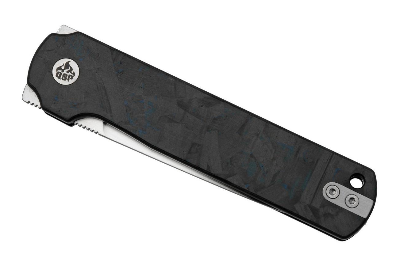QSP Knife Lark QS144-E, Shredded CF Overlay Blue G10, Satin 14C28N, zakmes