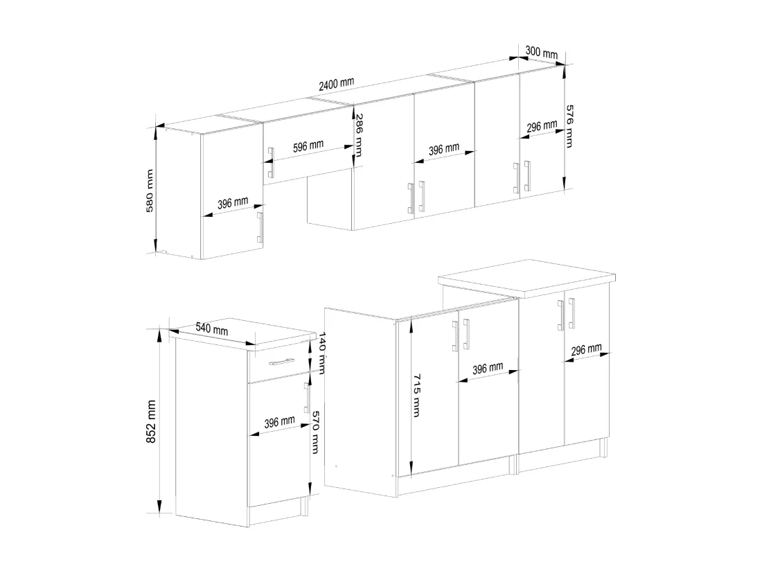 Ensemble De Cuisine AKORD LIMA 2.4m Blanc 240 cm 11 portes 1 tiroir façade Chêne Sonoma 240x44,5x203 cm