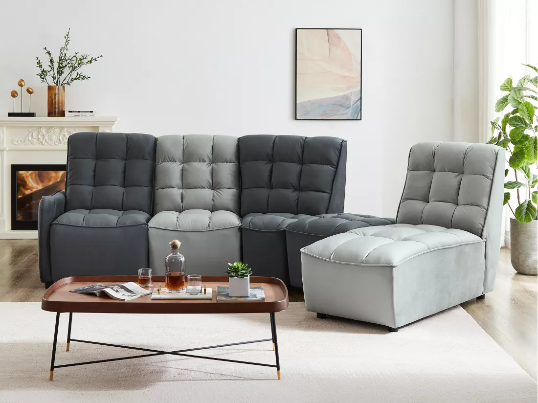 Canapé d'angle relax électrique modulable en velours gris clair et anthracite ALFORD