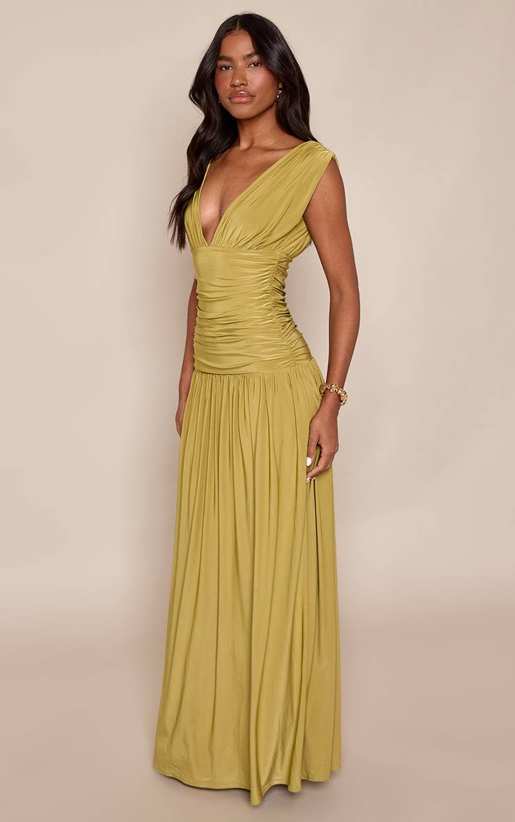 Vert Olive Robe Longue Plongeante Sans Manches À Double Épaisseur En Jersey Fluide