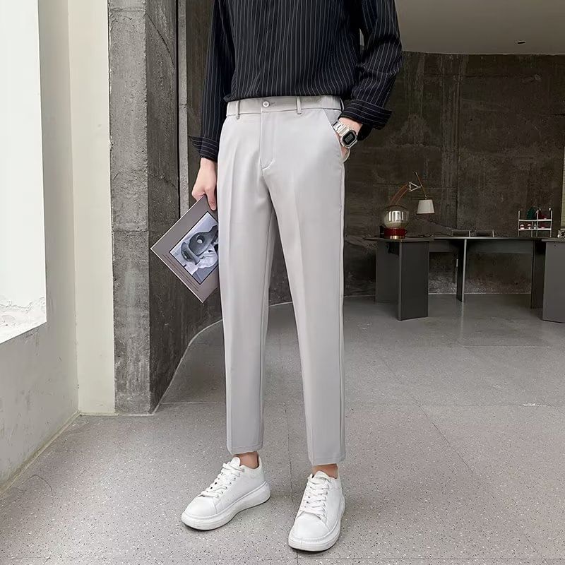 Lingaris - Mid Rise Plain Cropped Straight Leg Dress Pants