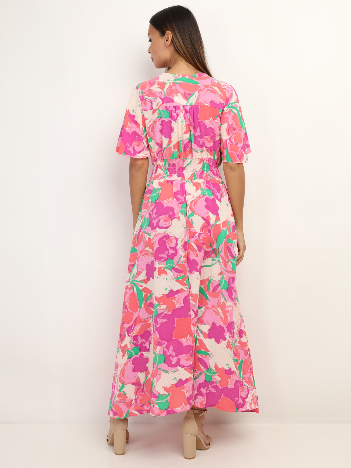 Robe à fleurs fendue à boutons- Rose
