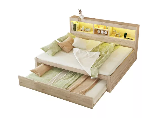 Lit gigogne 140x200 éclairage d'ambiance télécommandé compartiment de rangement côté lit prise+USB Naturel