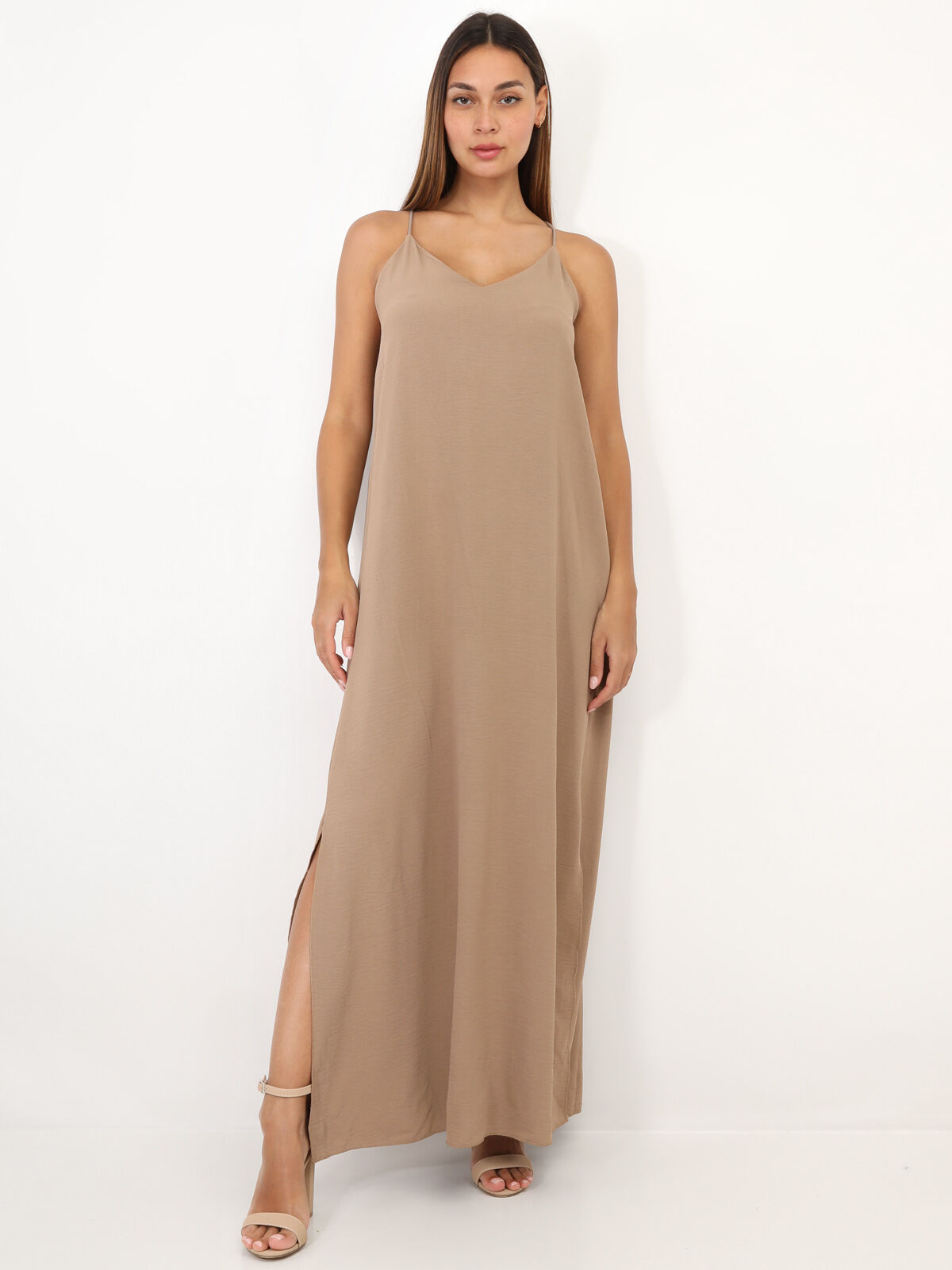 Robe longue fendue à dos croisé- Camel