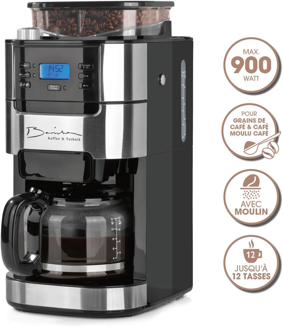 Barista Kaffee & Technik Cafetière Filtre avec verseuse erseuse en verre 1L pur 12 tasses de café, Machine a cafe grain avec broyeur et écran digital,