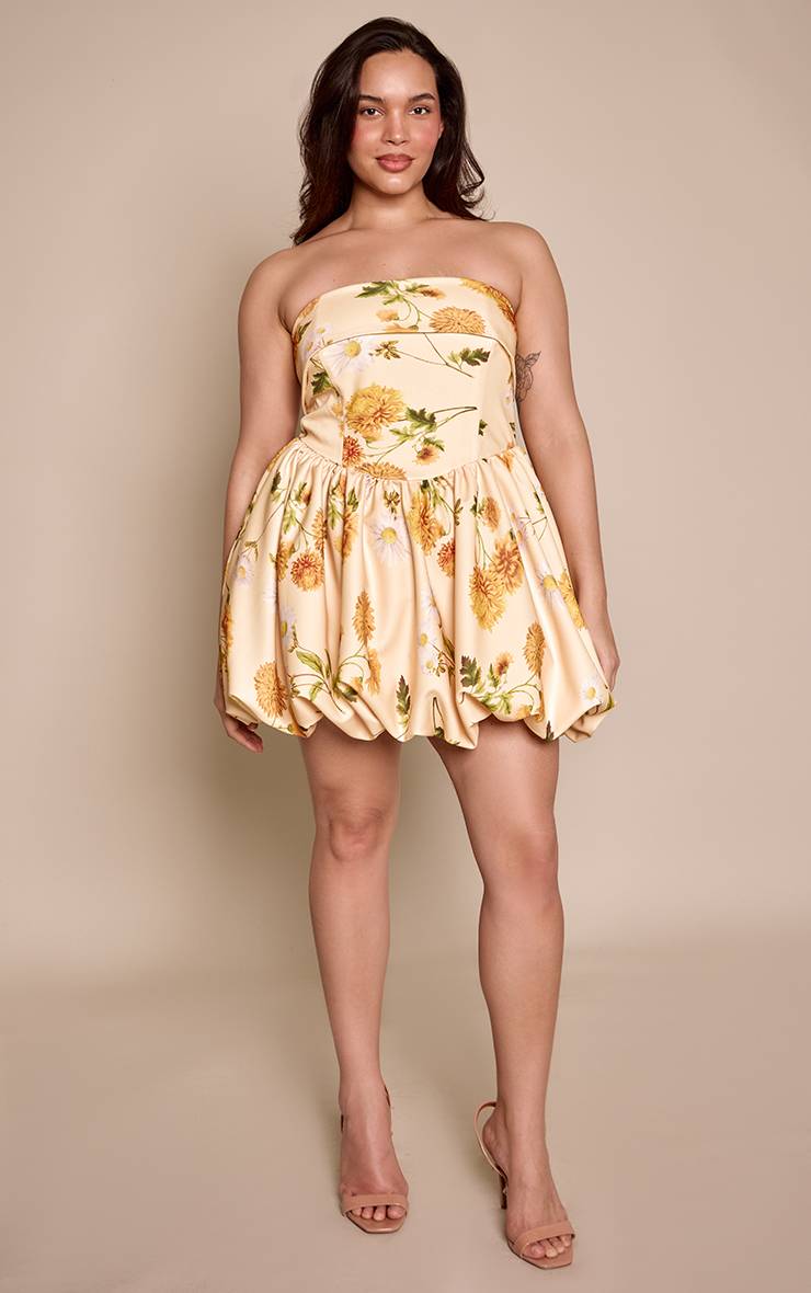 Jaune Robe Bandeau Grande Taille À Imprimé Floral Avec Jupe Bouffante Extrême