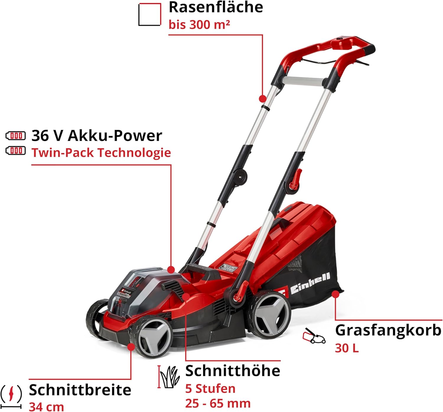 Einhell Akku-Rasenmäher RASARRO 36/34 Kit Power X-Change (36 V, 34 cm Schnittbreite, bis 300 m², 30L Fangkorb, 25-65 mm Schnitthöhe, inkl. 2X 3,0 Ah Akku + 2X Ladegerät)