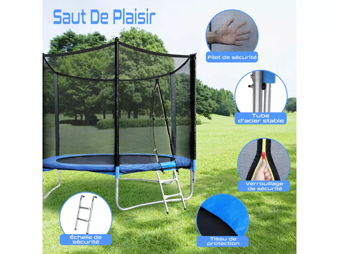 Trampoline de Jardin Enfants et Adultes Jeux d'Extérieur 244 cm Noir et Bleu Avec Filet de sécurité Couverture de protection