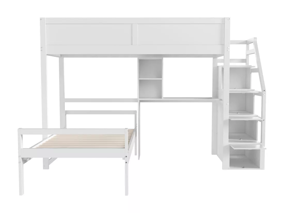 Lit superposé 90 x 200 cm Escalier de sécurité avec rangement caché Compartiment de rangement bureau Design clôture haute Blanc
