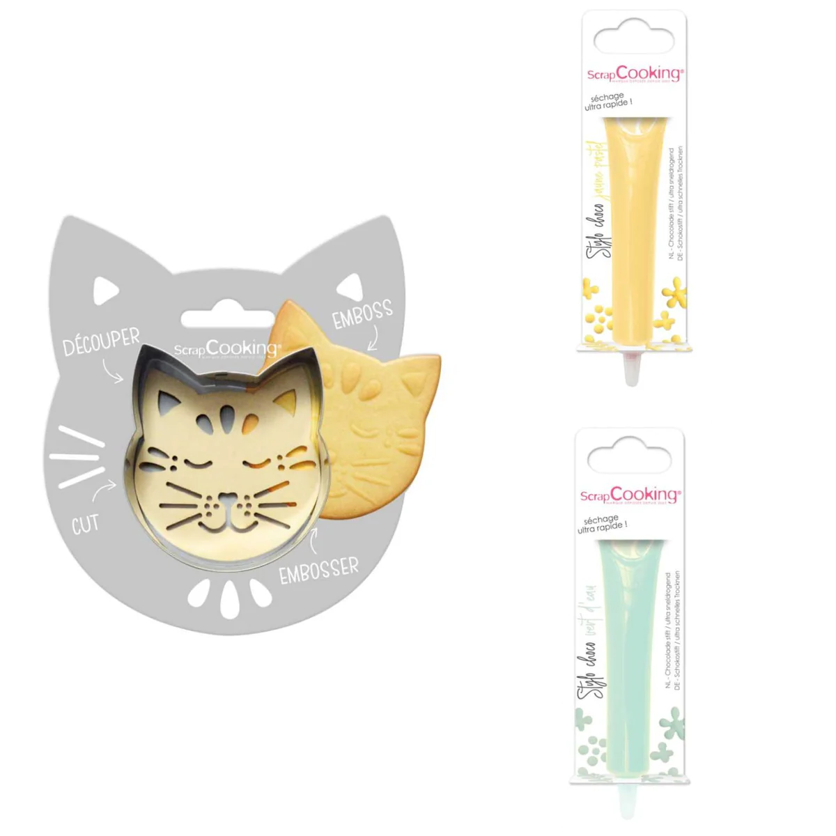 Kit pour biscuit en relief Chat + 2 Stylos au chocolat jaune pastel et