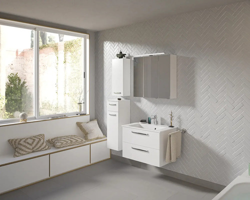 Pelipal Kumba badkamermeubelset (B x H x D): 107 x 200 x 50 cm, witte glanzende fronten, 5-delige set inclusief witte mineraalstenen wastafel, badmeubel en wandkast (99.770126094)