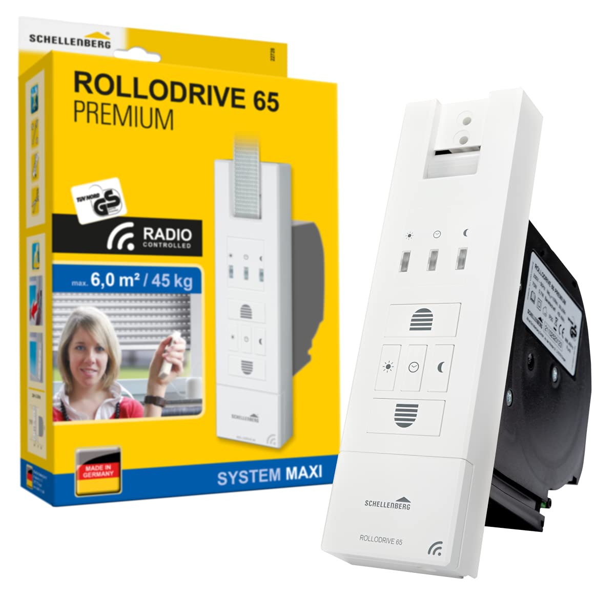 Schellenberg 22728 Elektrischer Rolladen Gurtwickler RolloDrive 65 Premium, Funkgurtwickler für Smart-Home, bis 6 m² Fläche, 45 kg Zugkraft, inkl. Netzstecker
