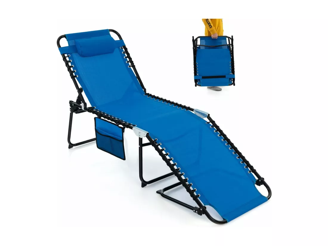 Chaise Longue Pliante avec Appuie-tête Amovible Dossier Réglable à 4 Positions Acier Antirouille pour CamBoisg Terrasse, Bleu