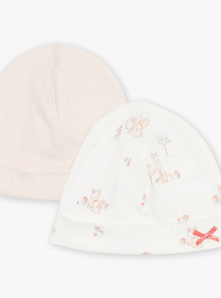 Lot de 2 bonnets de naissance rose et écru en coton biologique
