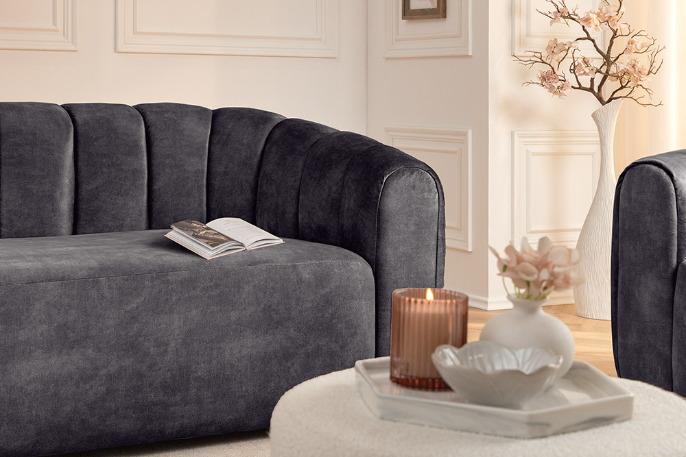 3-Sitzer Sofa BABYLON 200cm anthrazit Samt mit Ziersteppung