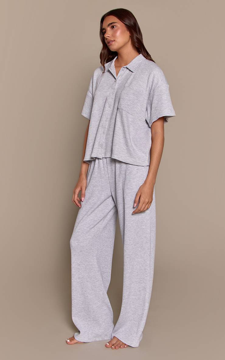 Gris Cendré Chemise De Pyjama Gaufrée À Manches Courtes Avec Boutonnage