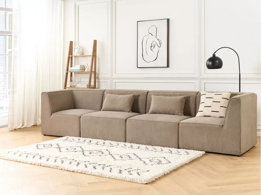 Canapé 4 places modulable en velours côtelé grosses côtes taupe LEMVIG