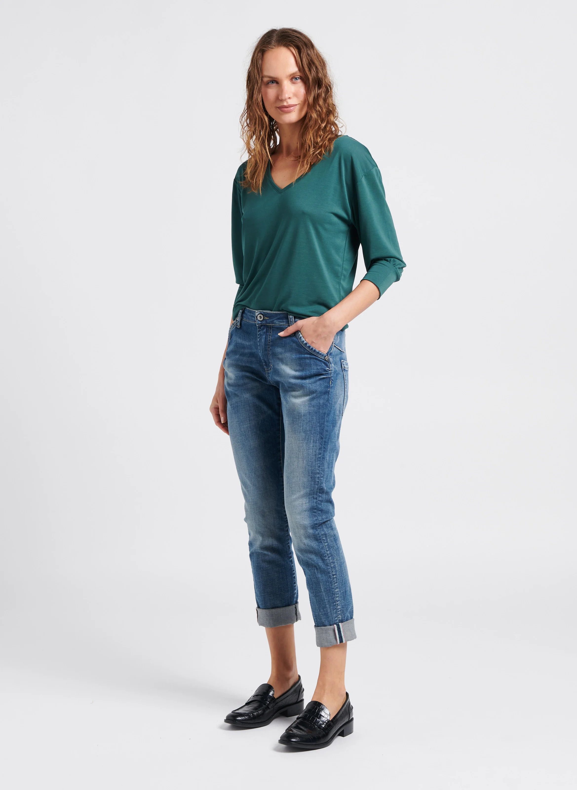 Jean droit délavé en coton| Bleu