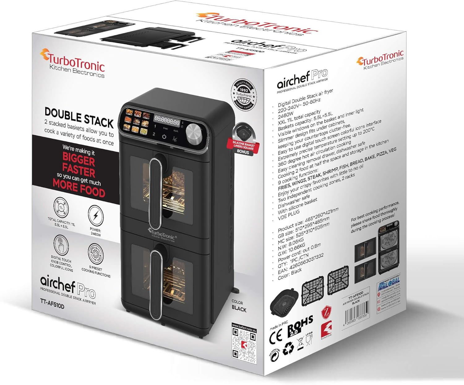 TurboTronic Heißluftfritteuse XXL – 11 L vertikale Doppelkammer Heißluftfritteuse 2 × 5,5 L DualZone, platzsparendes Double-Stack-Design AirFryer inkl. Silikoneinlagen, fettarmes Frittieren ohne Öl