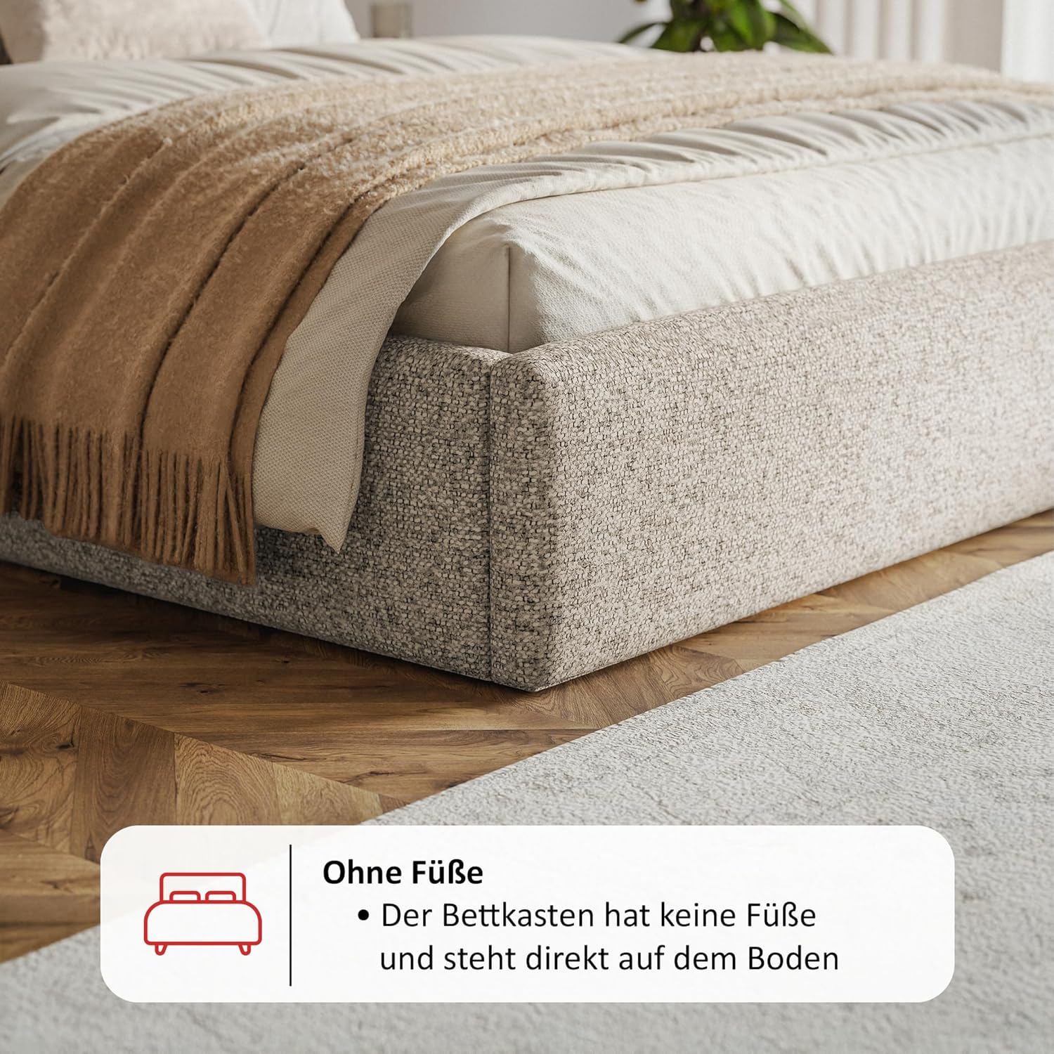 Leno Bett 180x200 Weiß Boucle, mit Stauraum, mit Kopfteil, mit Lattenrost, ohne Füße, ohne Matratze, Polsterbett 180x200 mit Bettkasten Weiß (Milch)