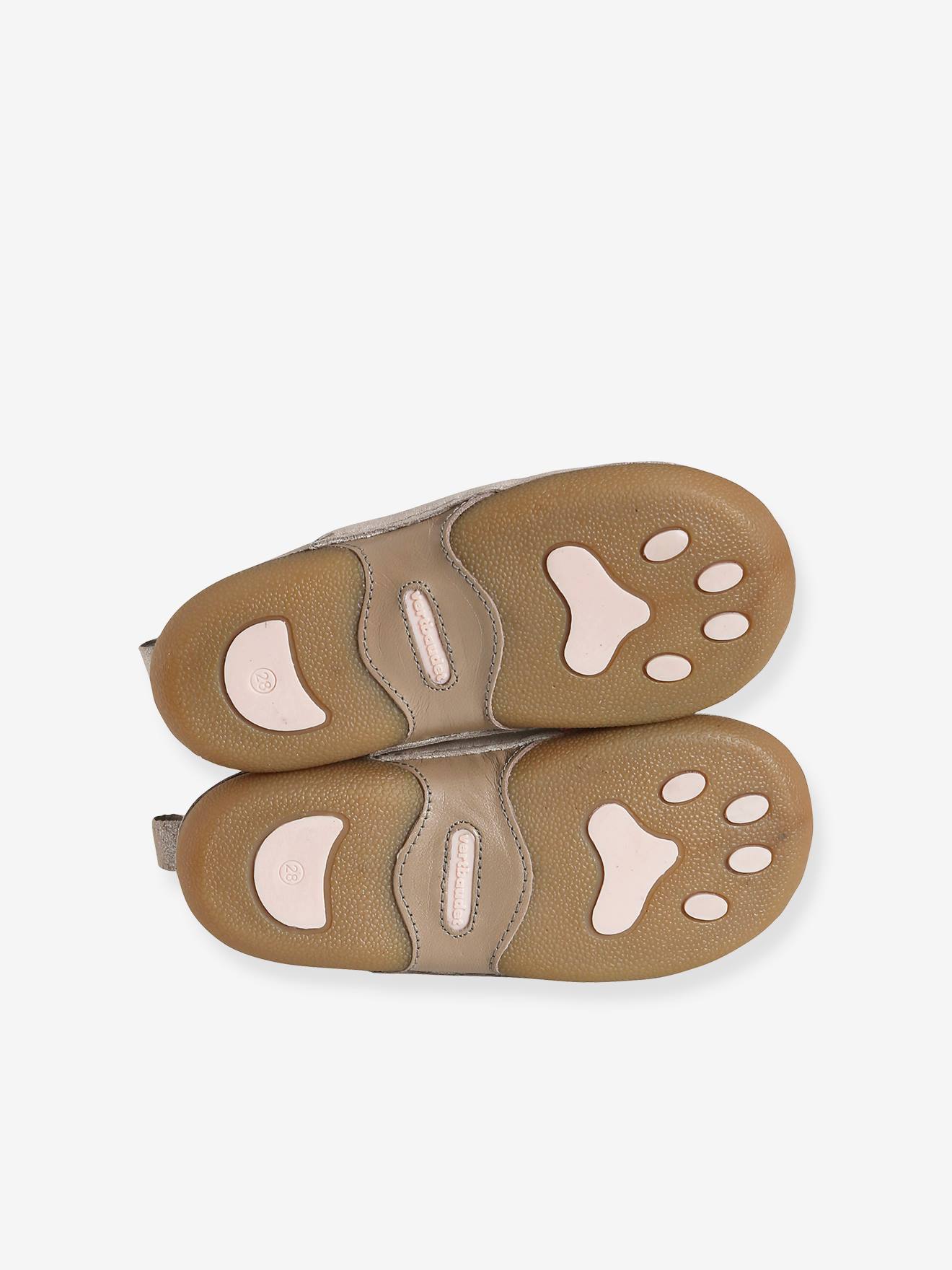 Pantufas de couro com forro e elástico, para meninas, bege metálico claro
