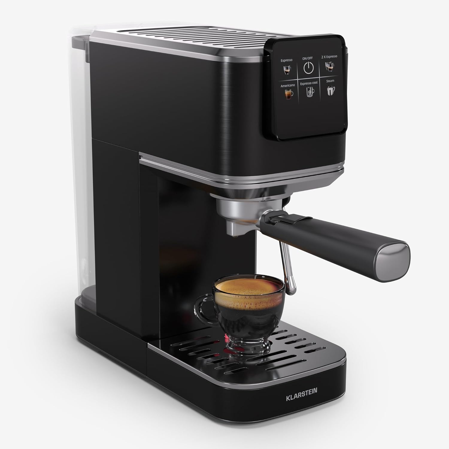 Klarstein SteelPresso Touch Slim Siebträgermaschine – 20 Bar, 1350W, 1,2L Wassertank, Dampfdüse, Edelstahlgehäuse, Kompakt, Schwarz