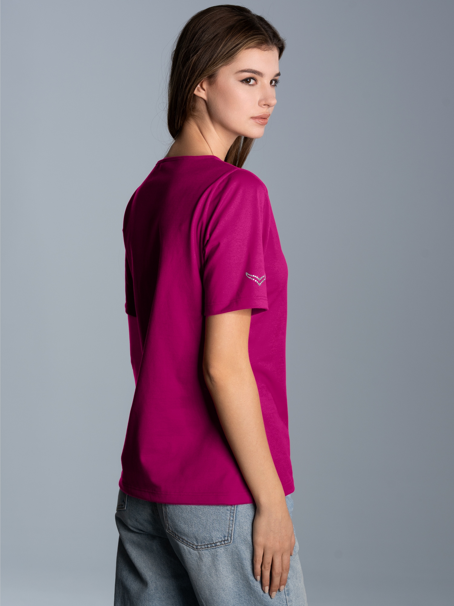 T-Shirt DELUXE Baumwolle mit Kristallsteinen Magenta