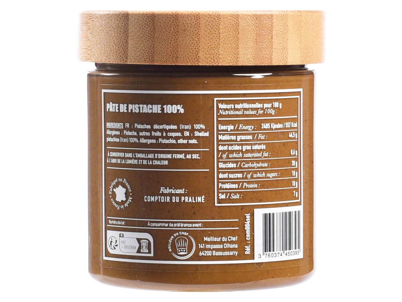 Pâte de pistache 100% - sans sucre ajouté ni colorants - 250 g - Sélection Chef Philippe - Comptoir du Praliné