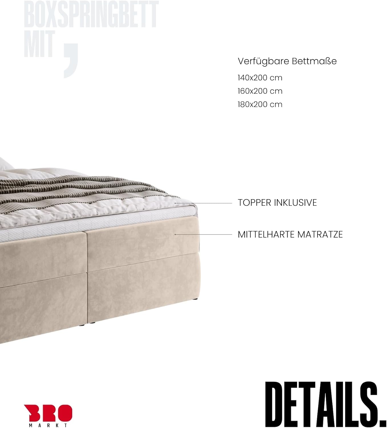 BROMARKT Boxspringbett mit Bettkasten Polsterbett mit Bonell-Matratze und Topper Doppelbett mit Stauraum Bett für Schlafzimmer gepolstertes Kopfteil Dream 140x200 Härtegrad H3 Samtstoff Beige