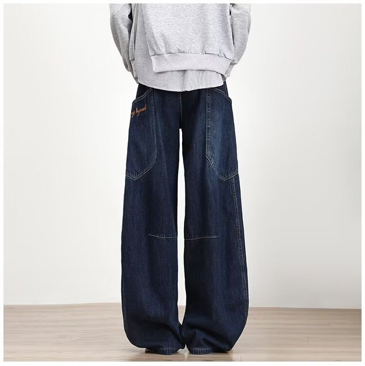 Urtishia - Mid Rise Lettering Geborduurde Gewassen Wijde Cargo Jeans