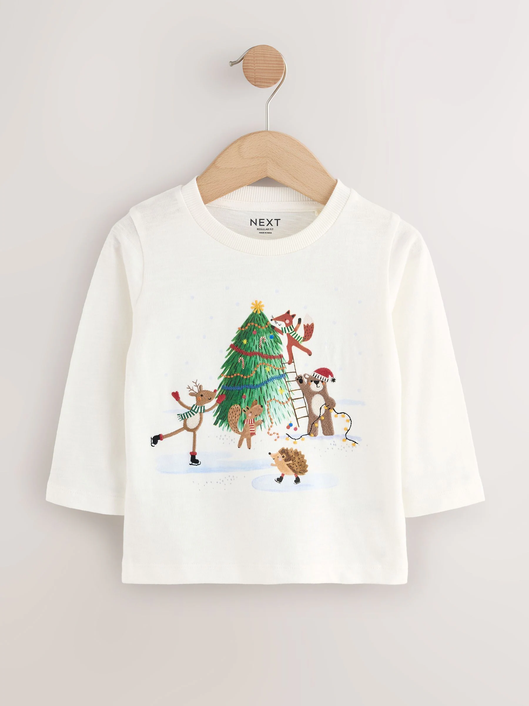 Geborduurde witte grafische print - Kerst-T-shirt met lange mouwen (3mnd -8jr)