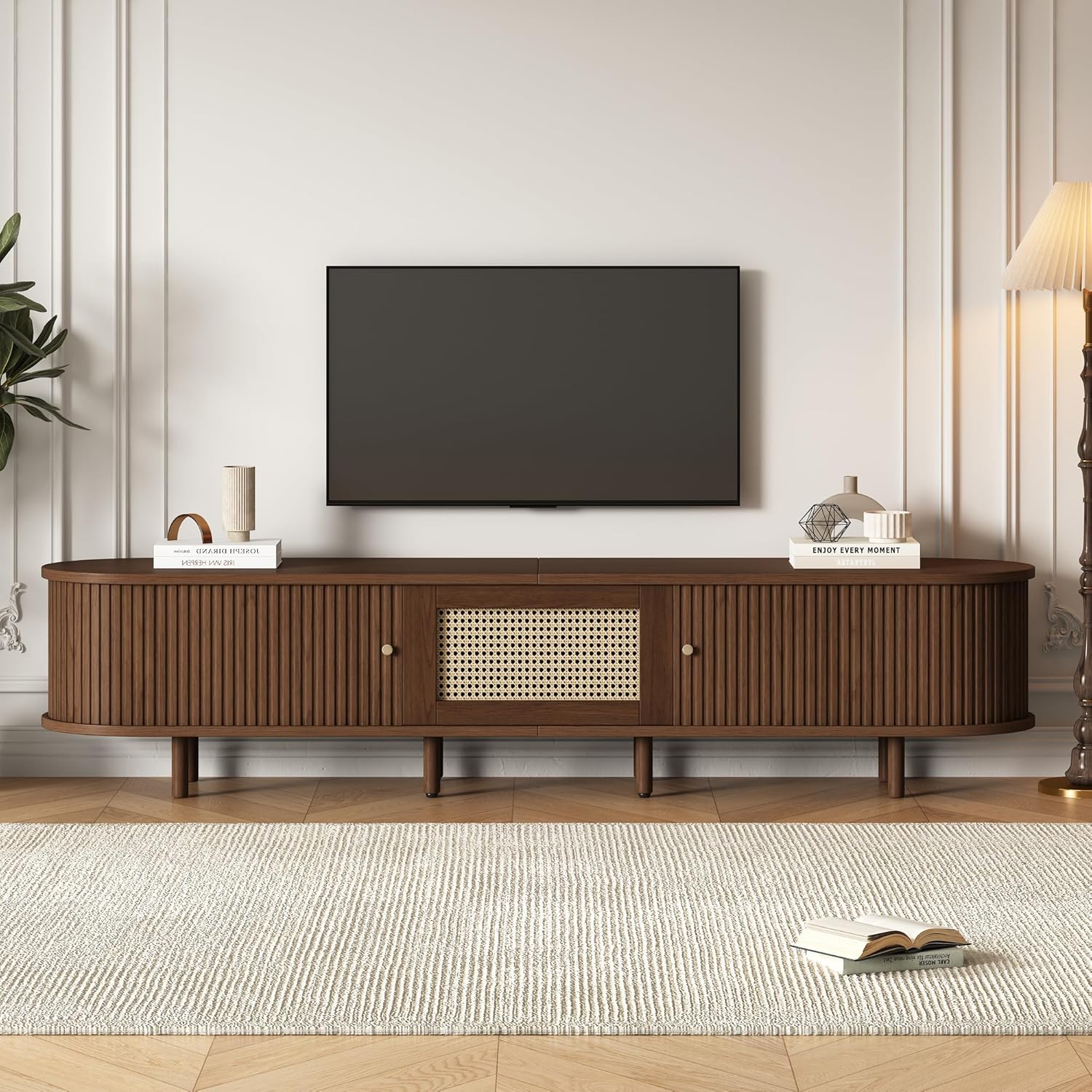 180cm TV Schrank mit Verstellbare Füße, Rattan-Design TV Board, Ovaler Fernsehschrank für Schlaf- und Wohnzimmerschrank, Lowboard Wohnzimmer mit 1 Schublade, 2 Schiebetüren, Eiche