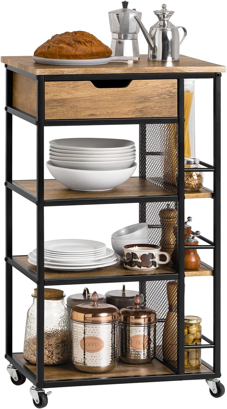 SoBuy Servierwagen mit Rollen Küchenwagen mit 1 Schublade und 3 Ablagen Beistellwagen Rollwagen Küchenschrank mit Arbeitsplatte für Küche, Wohnzimmer, Esszimmer Vintage BHT ca.: 50x87x37cm FKW99-N