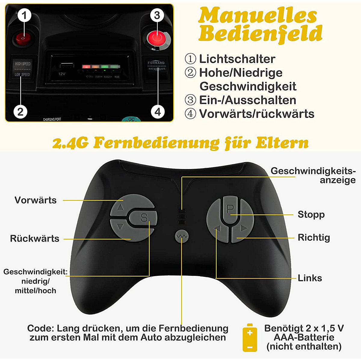 COSTWAY&reg; 12V Traktor mit Anh&auml;nger Elektroauto mit Fernbedienung & Musik gelb