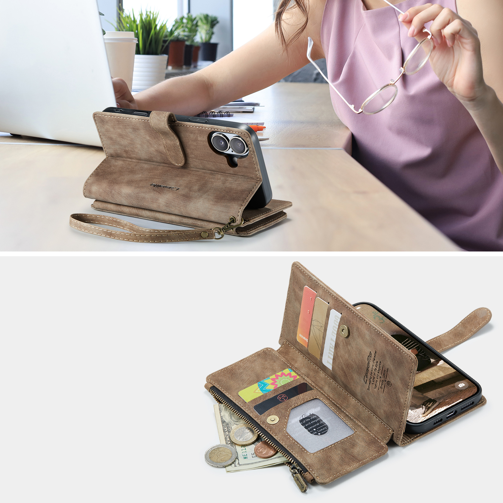 iPhone 17 2in1 Leder Tasche Karten Etui - Hellbraun