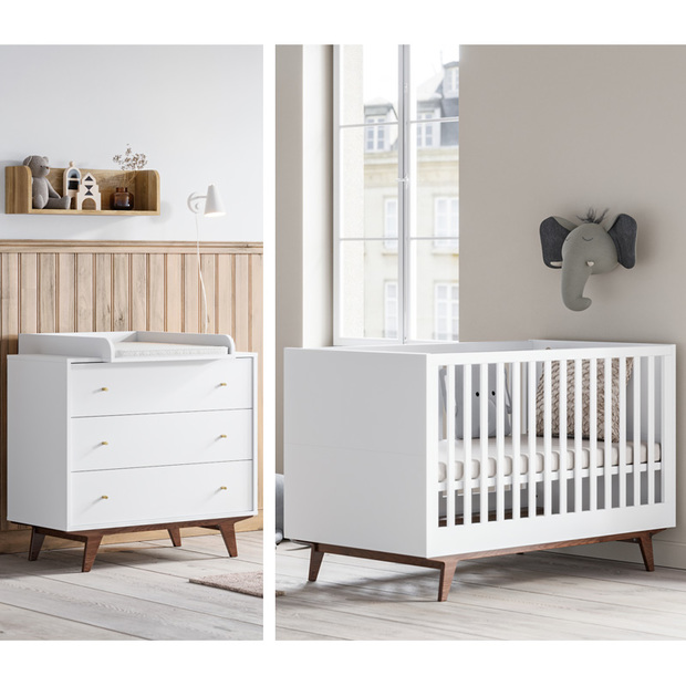 Chambre DUO Lit 70x140 Commode MID 2 Blanc/Noix - VOX