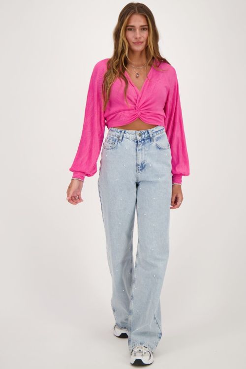 Roze geplooide top met knoop
